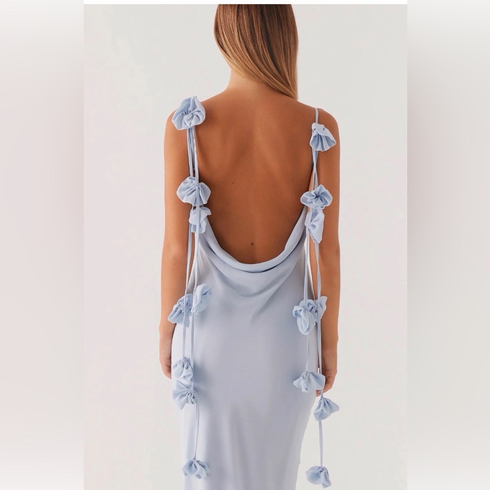 Peppermayo Light Blue Backless Dress with Floral Accents